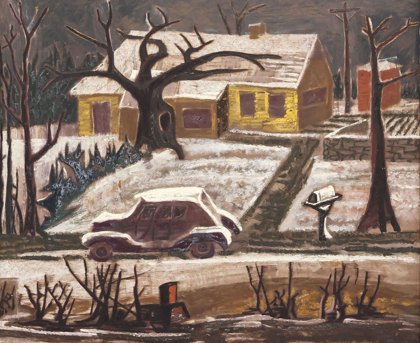 WILLIAM LEWIS LESTER (1910-1991) WINTER LANDSCAPE, 20" X 24": Framed oil on Masonite painting, Winter Landscape with Car, unsigned, William Lewis Lester (American, active in Texas, 1910-1991), some light flaking to brown pigment, sight: approx 19.5"h, 23.5"w, ov