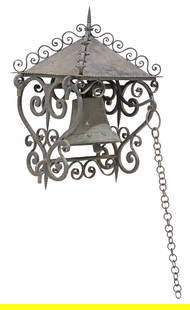 ITALIAN BRONZE & WROUGHT IRON WALL-MOUNTED DOOR BELL: Italian door bell, cast bronze bell with putti in relief, within a wrought iron architectural frame with wall-mounting brackets, overall: approx 22"h, 14"w, 13"d