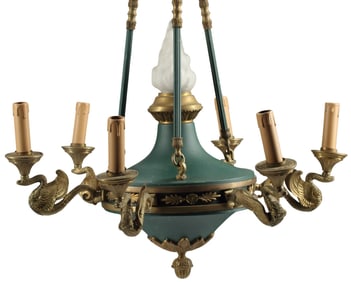 EMPIRE STYLE GILT METAL & GREEN TOLE SEVEN-LIGHT CHANDELIER