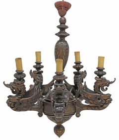 LARGE SPANISH FIGURAL CARVED WALNUT 5-LIGHT CHANDELIER