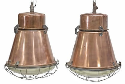 (2) LARGE FRENCH COPPER 1-LIGHT HANGING TRAIN STATION LANTERNS, 28"H