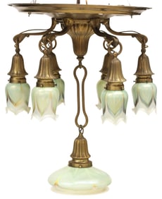 AMERICAN ARTS & CRAFTS BRASS & QUEZAL ART GLASS 7-LIGHT CEILING LAMP