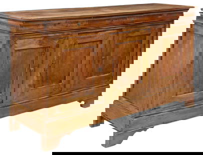 FRENCH LOUIS PHILIPPE PERIOD FRUITWOOD SIDEBOARD: French Louis Philippe fruitwood sideboard, mid 19th c., rectangular case fitted with three drawers, above three paneled cabinet doors with each having later varied pulls and escutcheon, rising on brac