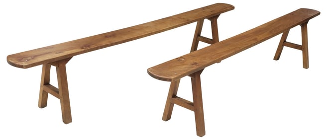 (2) FRENCH PROVINCIAL FRUITWOOD TRESTLE-SUPPORT BENCHES