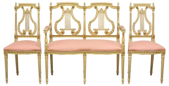 (3) FRENCH LOUIS XVI STYLE PARCEL-GILT & PAINTED SALON SET