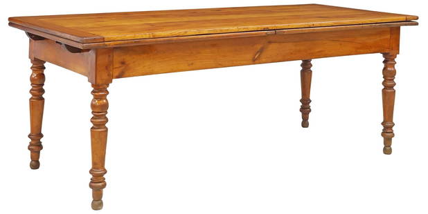 FRENCH PROVINCIAL FRUITWOOD FARMHOUSE DRAW-LEAF TABLE: French Provincial fruitwood farmhouse table, early 20th c., rectangular top comprised of four boards with breadboard ends, unfinished draw leaves, on turned legs, wood splits to tabletop, ap