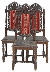 (3) FRENCH RENAISSANCE REVIVAL CARVED WALNUT & EMBOSSED LEATHER CHAIRS