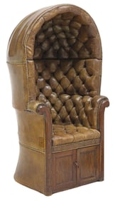 GEORGIAN-STYLE OLIVE GREEN LEATHER UPHOLSTERED PORTERS CHAIR