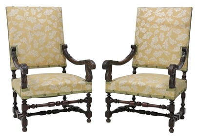 (2) FRENCH LOUIS XIII STYLE UPHOLSTERED HIGHBACK ARMCHAIRS