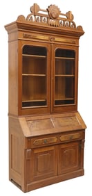 AMERICAN EASTLAKE CARVED BURL WALNUT BUREAU BOOKCASE