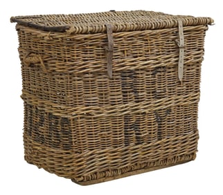 LARGE RUSTIC IRON-BOUND WOVEN WICKER LIDDED BASKET