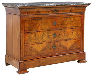FRENCH LOUIS PHILIPPE MARBLE-TOP WALNUT COMMODE: French Louis Philippe period figured walnut commode, mid 19th c., rectangular marble top with molded edge, ogee frieze drawer above three additional drawers, on bracket feet, approx 38.75"h, 51.5