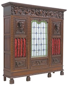 SPANISH RENAISSANCE REVIVAL STAINED & LEADED GLASS WALNUT BOOKCASE