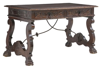 SPANISH BAROQUE STYLE CARVED WALNUT LIBRARY DESK