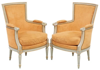(2) FRENCH LOUIS XVI STYLE PAINTED & UPHOLSTERED BERGERES