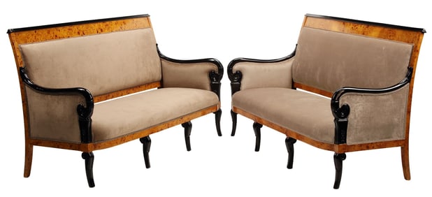 (2) EMPIRE STYLE PARCEL-EBONIZED BURR ELM SETTEES