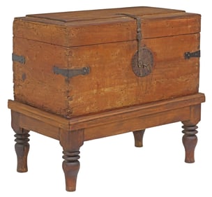 CARVED IRON-MOUNTED STORAGE TRUNK/CHEST ON STAND, MEXICO