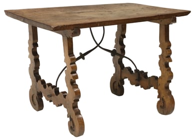 SPANISH WALNUT TRESTLE-SUPPORT TABLE WITH SINGLE-BOARD TOP