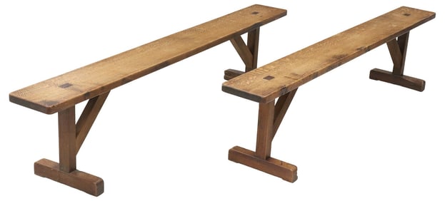 (2) FRENCH PROVINCIAL OAK TRESTLE-SUPPORT BENCHES