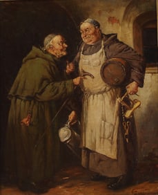 OLAF SIMONY JENSEN (1864-1923) PAINTING MONKS IN THE WINE CELLAR