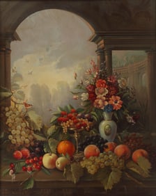 CONTINENTAL SCHOOL PAINTING STILL LIFE WITH FLOWERS & FRUIT