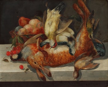 FRENCH SCHOOL OIL PAINTING STILL LIFE OF GAME & FRUIT