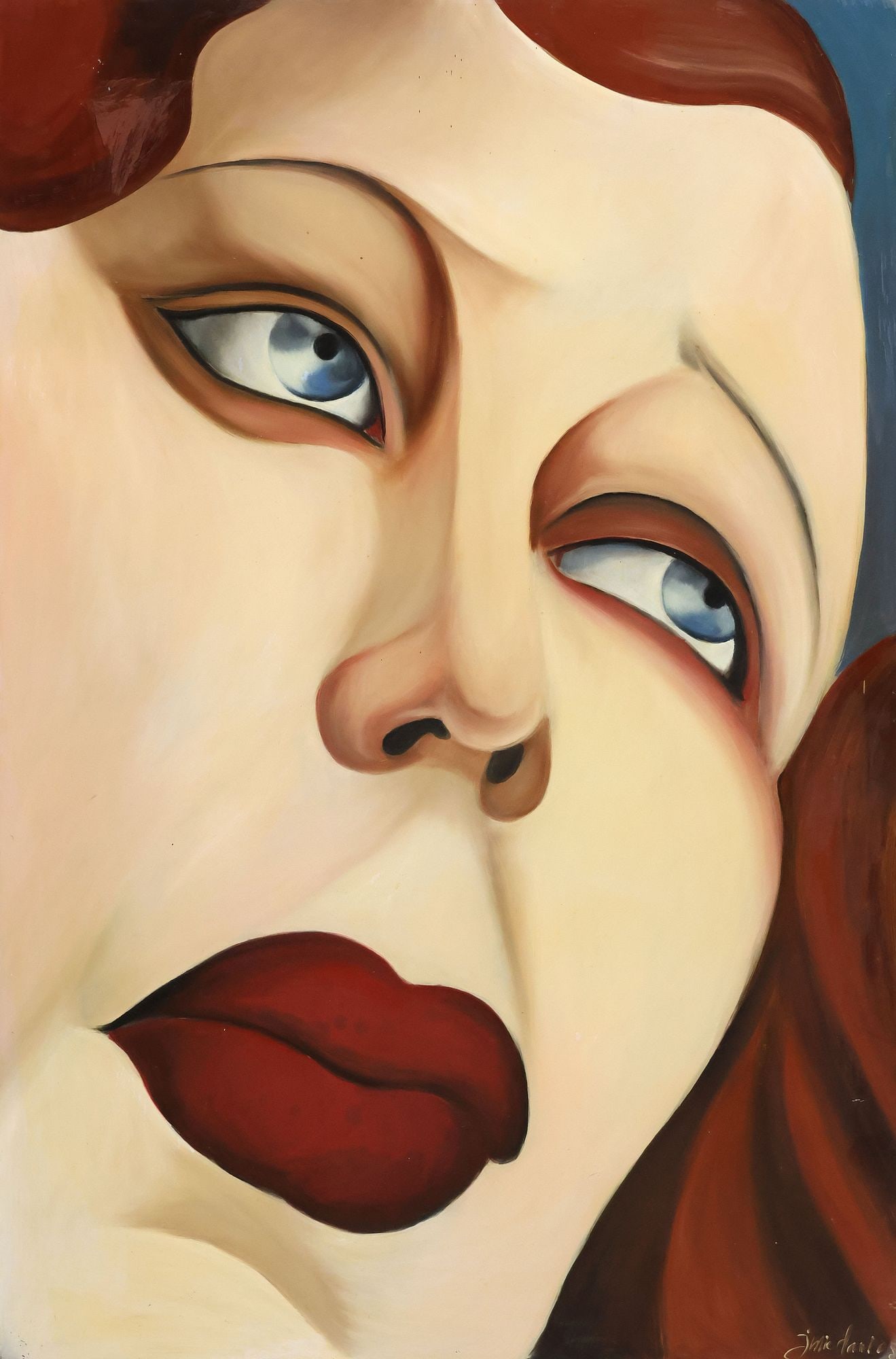 SIGNED PAINTING ON METAL PLATE ART DECO STYLE PORTRAIT: Unframed oil painting on sheet metal, in the style of Tamara de Lempicka (Polish, 1898-1980), signed lower right Julie Darl (?), dated [20]05, bending at corners, overall: approx 36 1/8"h, 24"w, 7.25l