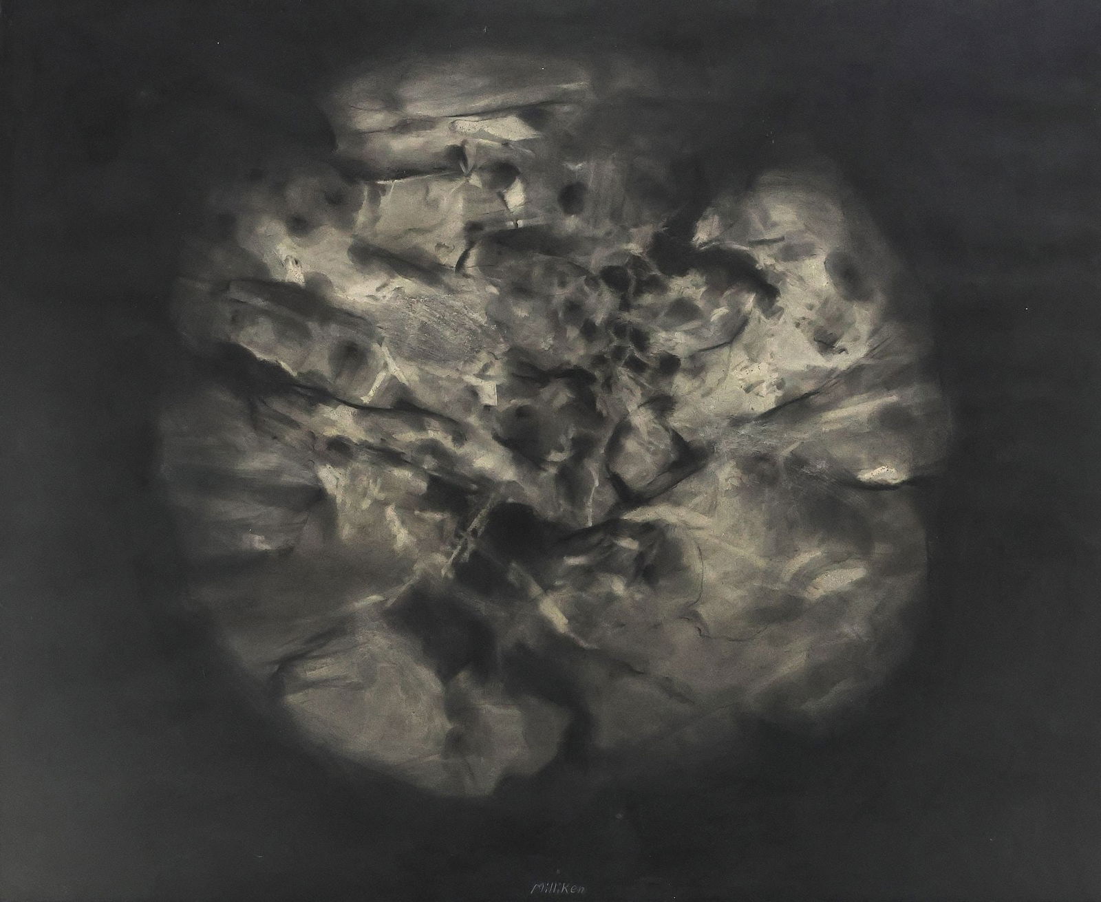 GIBBS MILLIKEN (TX, 1935-2007) ABSTRACT CHARCOAL DRAWING, 'STONE SPHERE' (1 of 5)