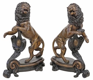 (2) LARGE ROCOCO STYLE PATINATED BRONZE RAMPANT LIONS