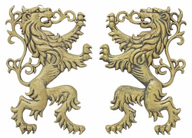 (2) LARGE DECORATIVE PAINTED METAL HERALDIC LION RAMPANT WALL PLAQUES