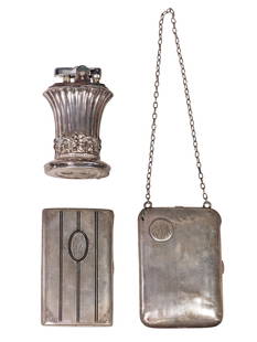 (3) STERLING SILVER COIN PURSE & 800 SILVER CIGARETTE CASE: (lot of 3) Art Deco accessories, including: (1) German .800 silver cigarette case, accented with black enamel, monogrammed ATE, approx 3.25"l, 2 1/8"w, 75 grams, (1) sterling silver coin pur