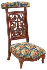 FRENCH CARVED MAHOGANY NEEDLEWORK PRIE-DIEU PRAYER KNEELER