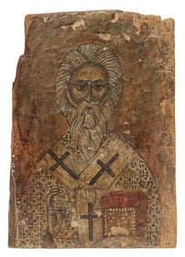GREEK ORTHODOX RELIGIOUS ICON ON PANEL, SAINT ANTIPAS OF PERGAMUM