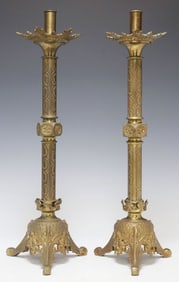 (2) LARGE GOTHIC REVIVAL GILT BRASS ALTAR CANDLESTICKS