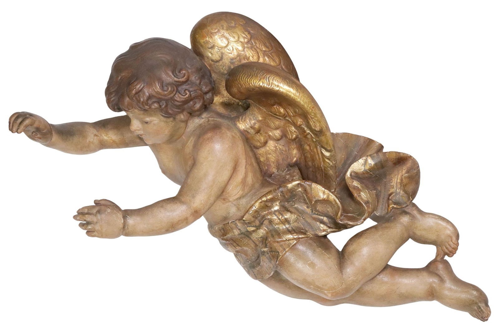 CONTINENTAL PARCEL GILT CARVED ARCHITECTURAL WINGED PUTTO, 21"L (1 of 4)