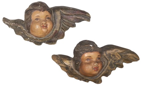(2) CONTINENTAL CARVED & PAINTED ARCHITECTURAL CHERUB MASKS