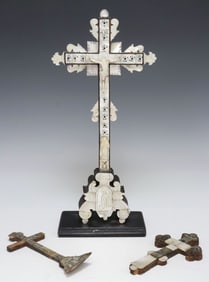 (3) MOTHER-OF-PEARL CLAD RELIGIOUS ALTAR CRUCIFIXES & CROSS