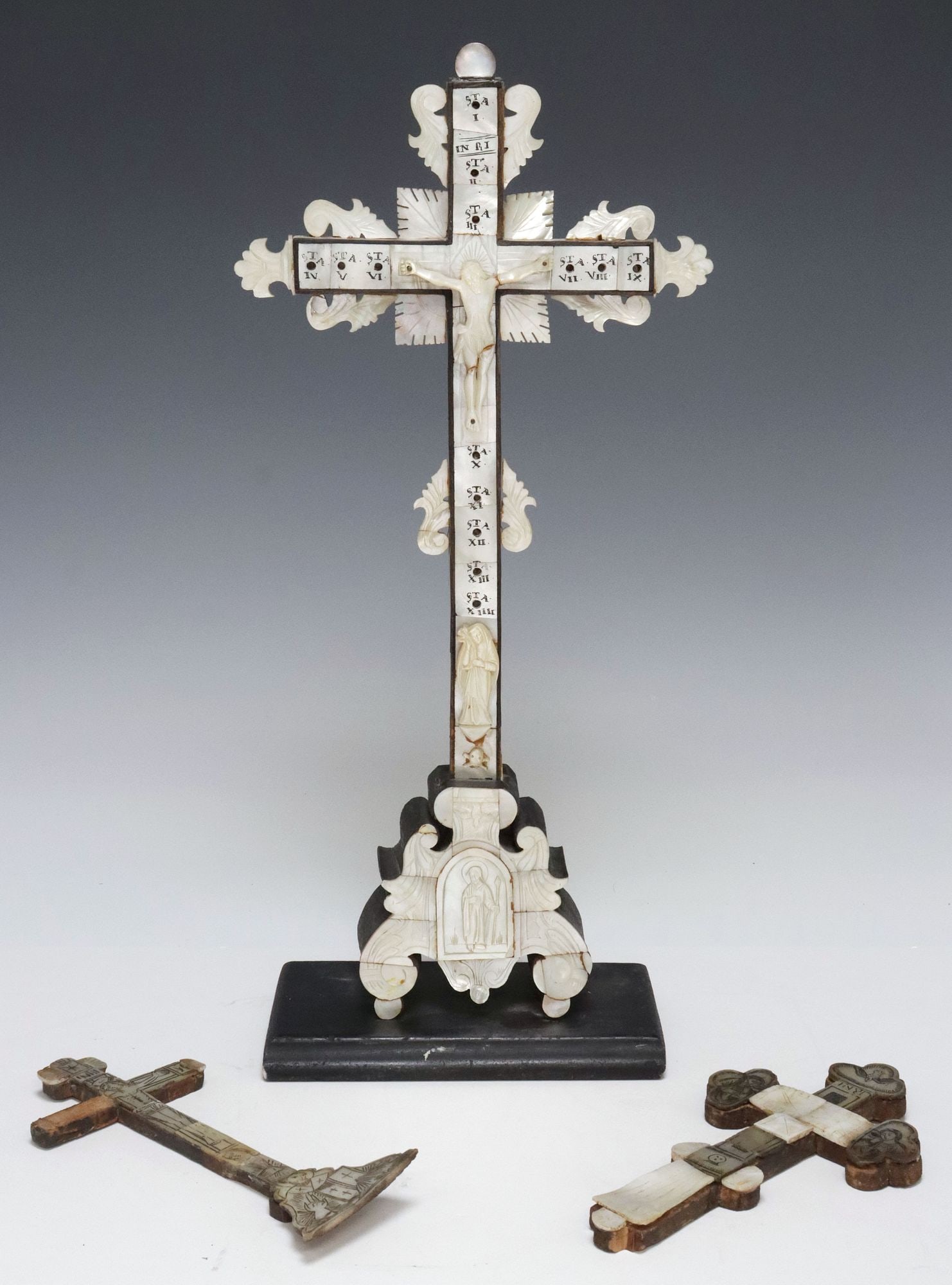 (3) MOTHER-OF-PEARL CLAD RELIGIOUS ALTAR CRUCIFIXES & CROSS (1 of 8)