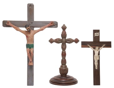 (3) CARVED RELIGIOUS CRUCIFIXES & TURNED WOOD ALTAR CROSS