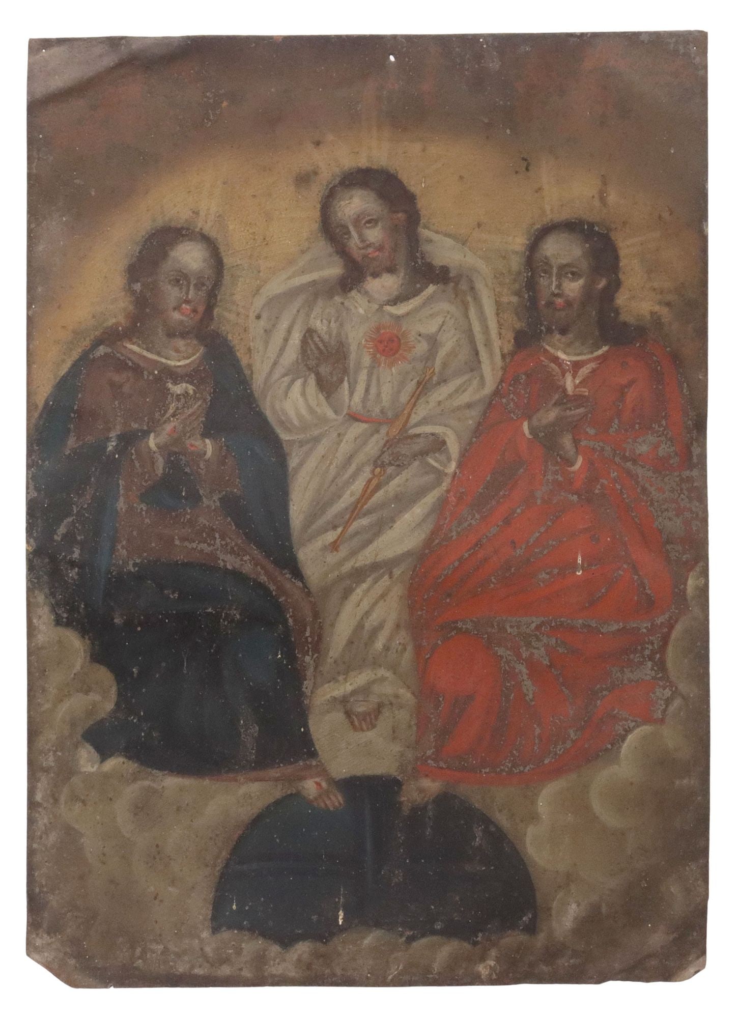 UNFRAMED OIL ON TIN RETABLO, LA SANTA TRINIDAD, MEXICO: Unframed oil on tin retablo, La Santisima Trinidad (The Holy Trinity), Mexico, depicting the three persons of the Holy Trinity, enthroned above globe and cloud motifs, approx 14"l, 10"w, 0.7