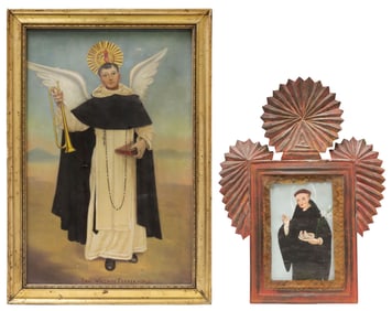 (2) SPANISH EMBELLISHED PRINT & OIL ON TIN RETABLO