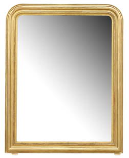 FRENCH LOUIS PHILIPPE PERIOD GILTWOOD MIRROR, 56.75" X 44": French Louis Philippe giltwood mirror, mid 19th c., having arched frame with molded trim, encasing flat mirror plate, approx 56.75"h, 44"w, 68lbs