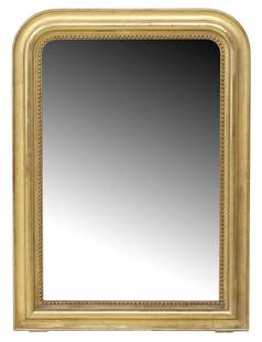 FRENCH LOUIS PHILIPPE PERIOD GILTWOOD WALL MIRROR, 41" X 30": French Louis Philippe gilt wall mirror, mid 19th c., having arched frame with beaded trim, encasing flat mirror plate, approx 41"h, 30"w, 31lbs