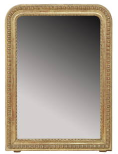 FRENCH LOUIS PHILIPPE PERIOD GILTWOOD MIRROR, 53" X 38": French Louis Philippe giltwood mirror, mid 19th c., having arched frame with molded gesso over wood egg and dart trim, inner beaded trim, encasing flat mirror plate, approx 53"h, 38&quo