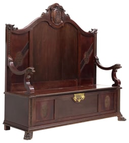 SPANISH RENAISSANCE REVIVAL PARQUETRY MAHOGANY HALL BENCH