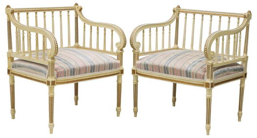 (2) FRENCH LOUIS XVI STYLE UPHOLSTERED SPINDLE-BACK ARMCHAIRS (1 of 3)