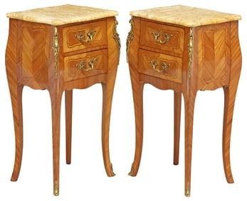 (2) FRENCH LOUIS XVI STYLE MARBLE-TOP MARQUETRY NIGHTSTANDS