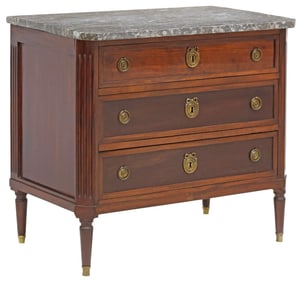 FRENCH LOUIS XVI STYLE MARBLE-TOP MAHOGANY PETITE COMMODE