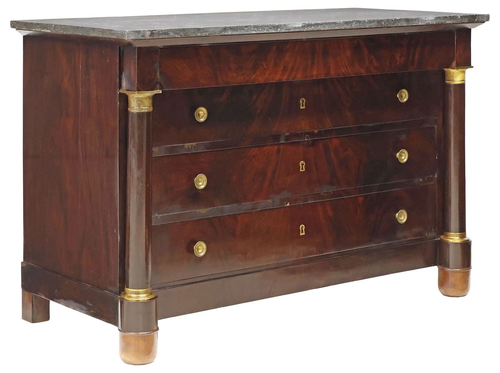 FRENCH EMPIRE STYLE MARBLE-TOP MAHOGANY COMMODE: French Empire style marble-top mahogany commode, 19th c., projecting frieze drawer, above three additional drawers, flanked by columnar corner posts, on rounded feet, approx 34.25"h, 51"