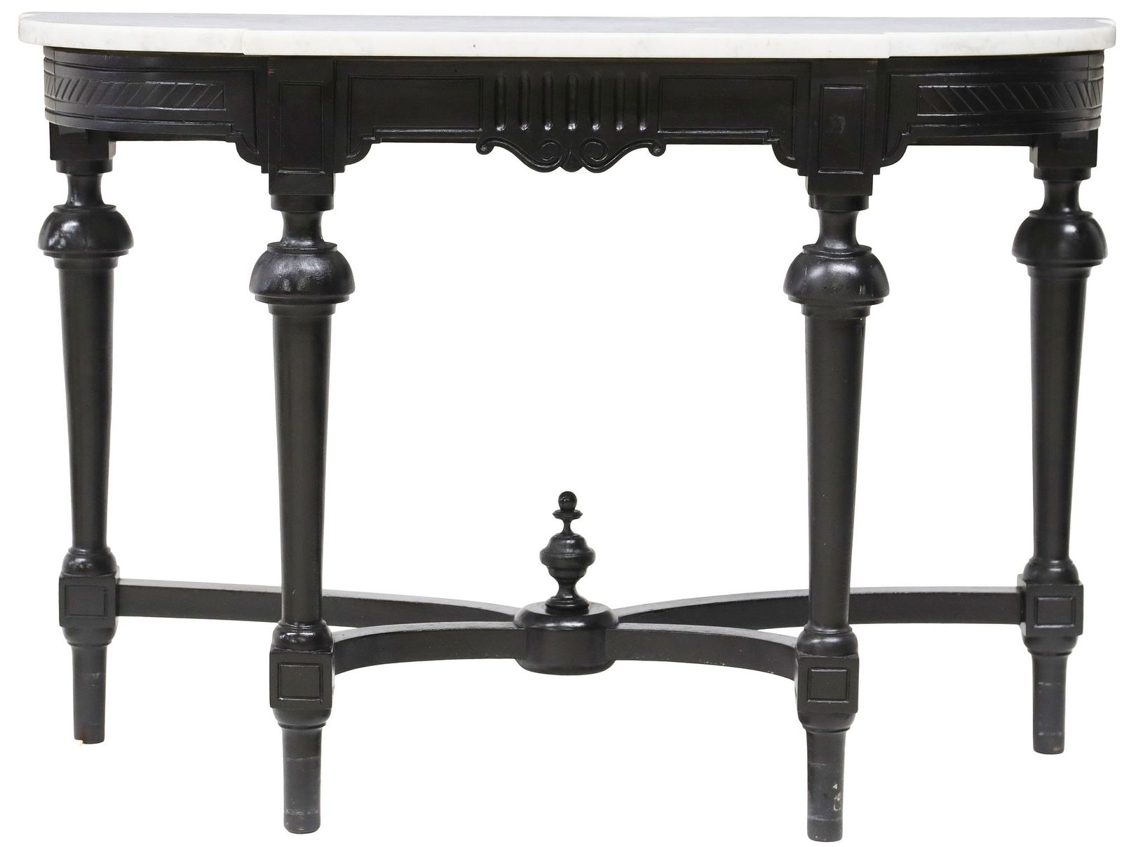 FRENCH NAPOLEON III MARBLE-TOP CONSOLE TABLE: French Napoleon III period console table, late 19th c., shaped marble top, frame in a later black-painted finish, on tapering turned legs, joined by x-form cross stretcher, approx 27.75"h, 40&quo